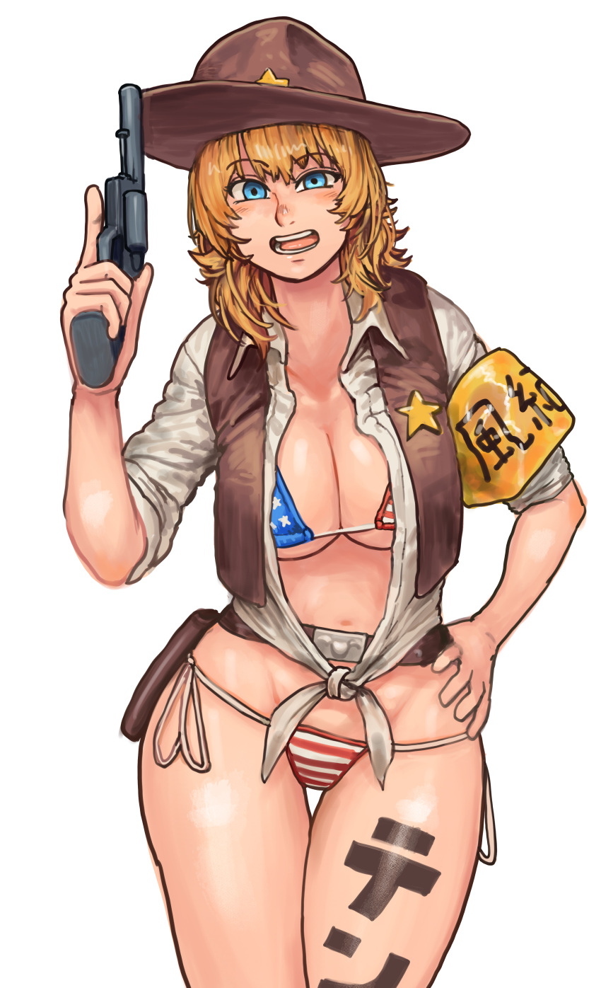 1girl absurdres american_flag_bikini bangs belt bikini bikini_under_clothes blonde_hair blue_eyes breasts brown_headwear brown_vest chanta_(ayatakaoisii) cleavage collared_shirt cowboy_shot eyebrows_visible_through_hair flag_print gun hand_on_hip highres holding holding_gun holding_weapon large_breasts long_hair navel open_mouth original shirt simple_background solo swimsuit tied_shirt vest weapon white_background white_shirt