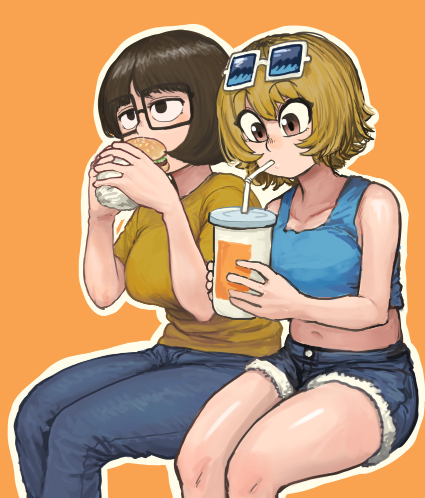 2girls absurdres black-framed_eyewear black_hair blonde_hair blue_pants blue_shorts blue_tank_top brown_eyes burger chanta_(ayatakaoisii) crop_top cup eating eyewear_on_head feet_out_of_frame food glasses highres holding holding_cup invisible_chair midriff multiple_girls navel orange_background original outline pants shirt short_hair short_sleeves shorts simple_background sitting tank_top white-framed_eyewear white_outline yellow_shirt