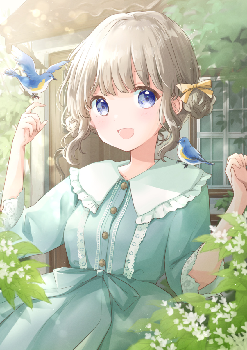 1girl :d animal_on_shoulder aqua_dress arms_up bangs bird bird_on_shoulder blue_eyes bluebird breasts commentary day double_bun dress eyebrows_visible_through_hair flower hair_ribbon highres hoshiibara_mato house leaning_back lens_flare light_brown_hair looking_at_viewer open_mouth original outdoors ribbon short_hair sleeves_past_elbows small_breasts smile solo tree window