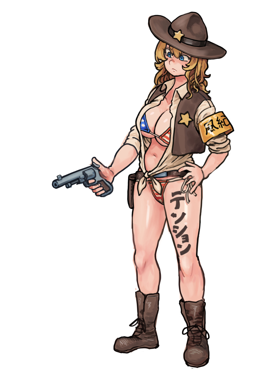 1girl absurdres american_flag_bikini bikini bikini_under_clothes blonde_hair blue_eyes breasts brown_footwear brown_headwear chanta_(ayatakaoisii) cleavage collared_shirt flag_print full_body gun hand_on_hip highres holding holding_gun holding_weapon large_breasts long_hair original shirt shoes simple_background solo standing star_(symbol) swimsuit tied_shirt weapon white_background white_shirt