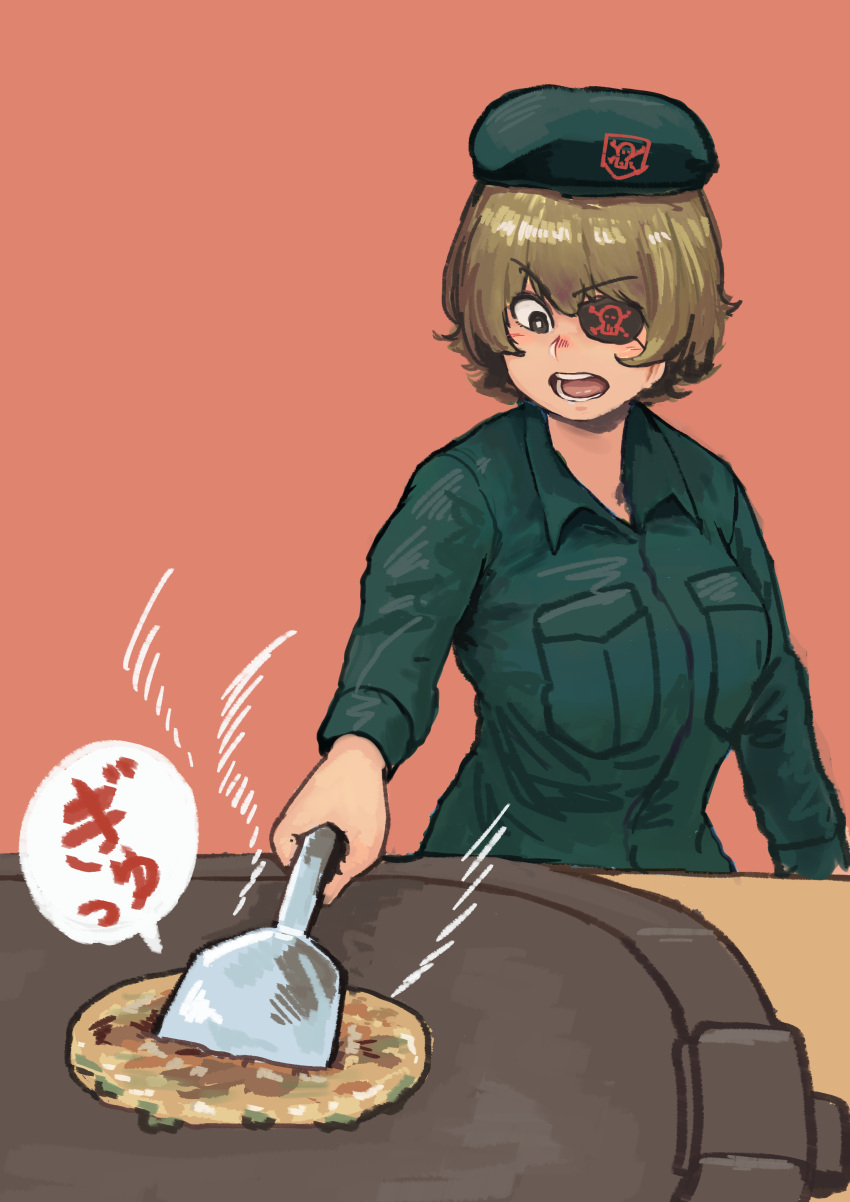 1girl absurdres bangs black_shirt breast_pocket brown_hair chanta_(ayatakaoisii) collared_shirt cooking eyebrows_visible_through_hair eyepatch highres open_mouth original pocket shirt short_hair solo spatula speech_bubble translation_request upper_body