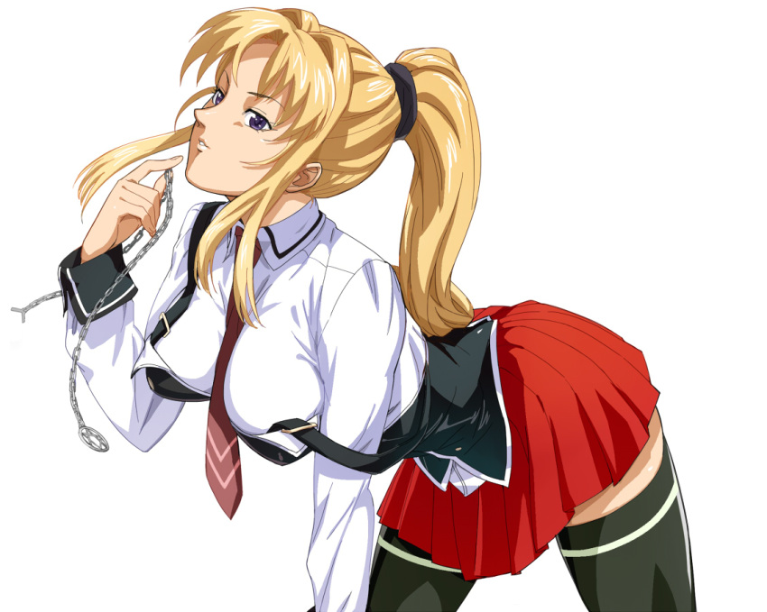 1girl all_fours black_legwear black_vest blonde_hair breasts chain copyright_request hair_intakes hand_up holding holding_chain large_breasts long_hair looking_at_viewer miniskirt o/p.com pleated_skirt ponytail purple_eyes red_skirt shirt sidelocks simple_background skirt solo thighhighs vest white_background white_shirt