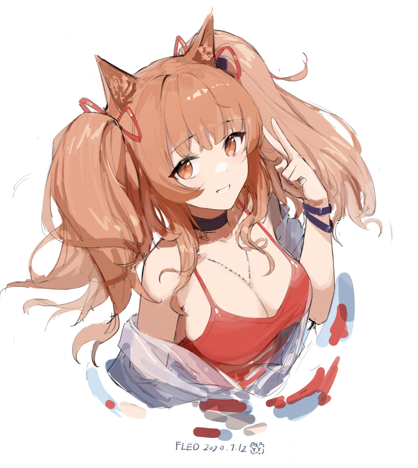1girl :d absurdres angelina_(arknights) angelina_(summer_flowers)_(arknights) animal_ears arknights artist_name b black_choker breasts brown_eyes brown_hair casual_one-piece_swimsuit choker cleavage cropped_torso dated fled fox_ears from_above grin hair_ribbon highres jewelry large_breasts long_hair looking_at_viewer looking_up necklace off_shoulder official_alternate_costume one-piece_swimsuit open_clothes open_mouth red_ribbon red_swimsuit ribbon sidelocks smile swimsuit swimsuit_under_clothes teeth twintails upper_body v wristband