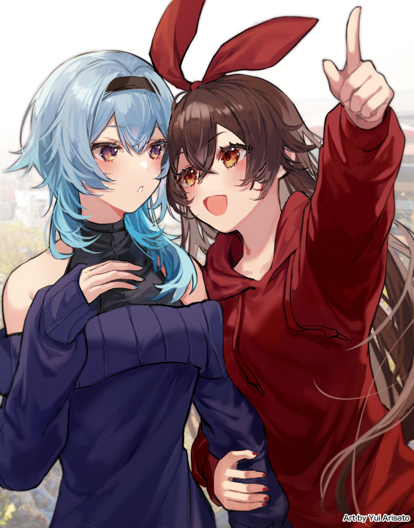 2girls absurdres amber_(genshin_impact) arisato_yui arm_grab artist_name bangs bare_shoulders blue_hair blue_nails blue_sweater brown_hair commentary crossed_bangs eula_(genshin_impact) eye_contact genshin_impact hair_ribbon hand_up headband highres hood hood_down hoodie light_blush long_hair looking_at_another multicolored_eyes multiple_girls nail_polish off-shoulder_sweater off_shoulder open_mouth orange_eyes outstretched_arm pointing pointing_up purple_eyes red_hoodie red_nails red_ribbon ribbon standing sweater upper_body