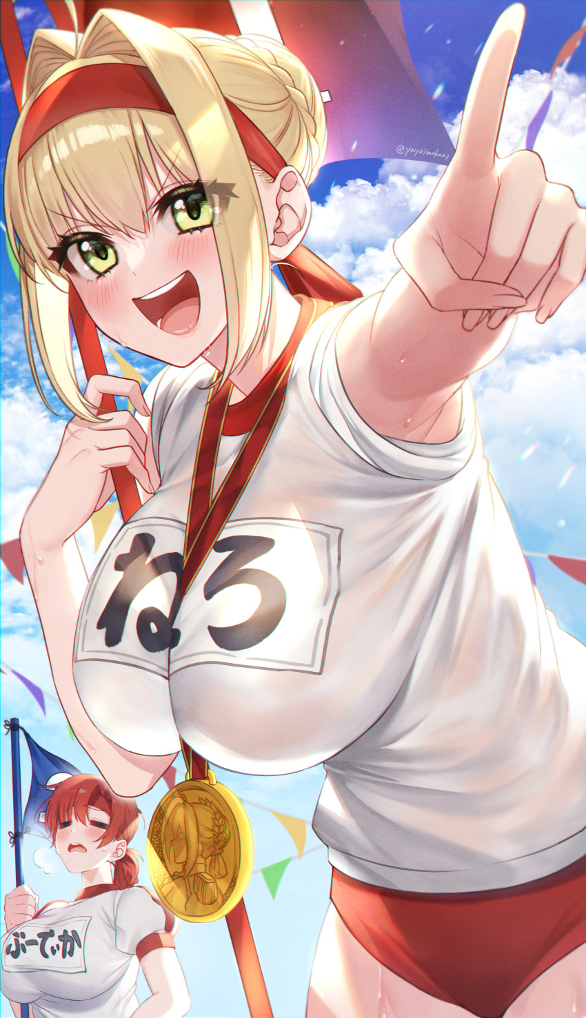 2girls absurdres ahoge armpits bangs blonde_hair blue_sky blush boudica_(fate) braid breasts buruma closed_eyes fate/extra fate/grand_order fate_(series) flag french_braid green_eyes gym_shirt hair_bun hair_intakes hair_ribbon highres large_breasts long_hair looking_at_viewer medal multiple_girls name_tag nero_claudius_(fate) nero_claudius_(fate)_(all) olympian_bloomers open_mouth pointing pointing_at_viewer red_buruma red_hair red_ribbon ribbon shirt short_hair short_ponytail short_sleeves sky smile thighs white_shirt yayoi_maka