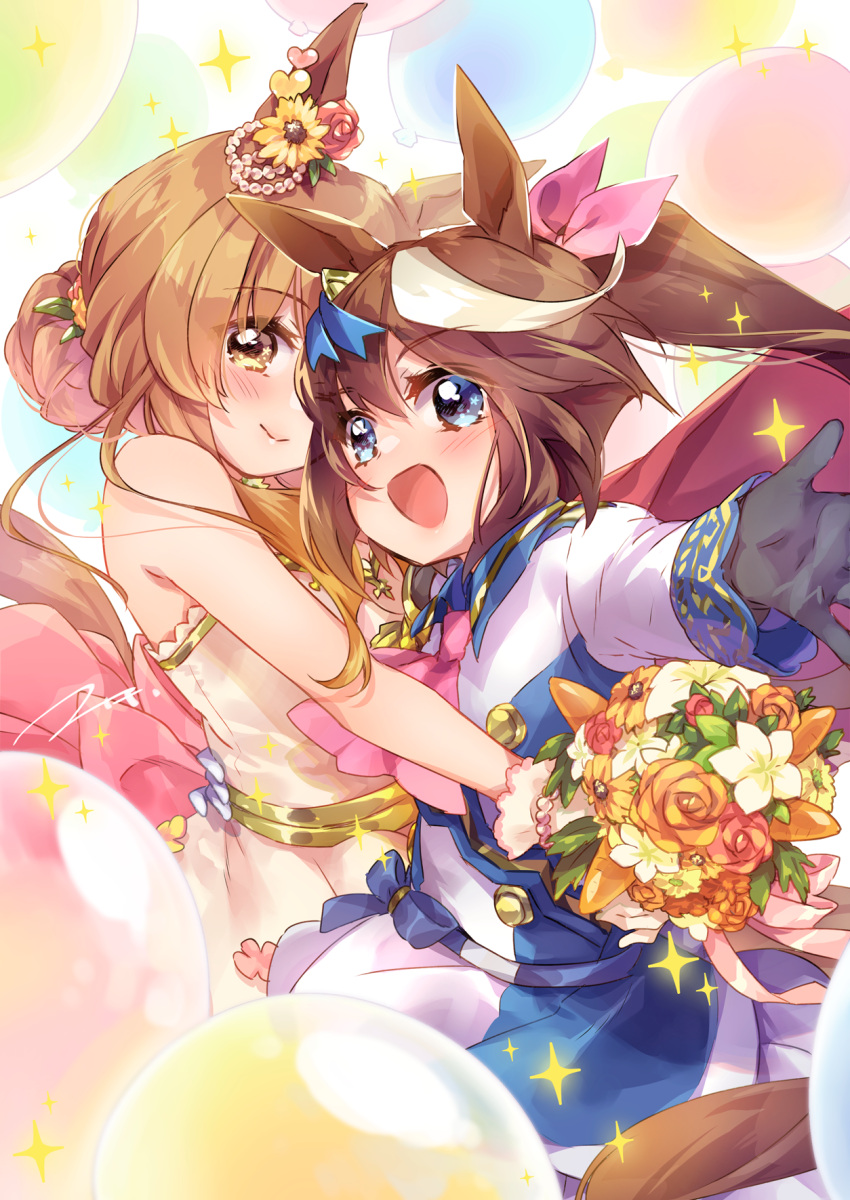 2girls :d animal_ears balloon bare_shoulders black_gloves blue_eyes blush bouquet brown_eyes brown_flower brown_hair brown_rose closed_mouth commentary_request dress ech flower gloves hair_bun hair_ribbon highres holding holding_bouquet horse_ears jacket long_hair long_sleeves mayano_top_gun_(umamusume) multicolored_hair multiple_girls open_mouth outstretched_arm pink_ribbon pleated_skirt ponytail red_flower red_rose ribbon rose skirt sleeves_past_wrists smile sparkle strapless strapless_dress streaked_hair tokai_teio_(umamusume) umamusume white_dress white_flower white_hair white_jacket white_skirt