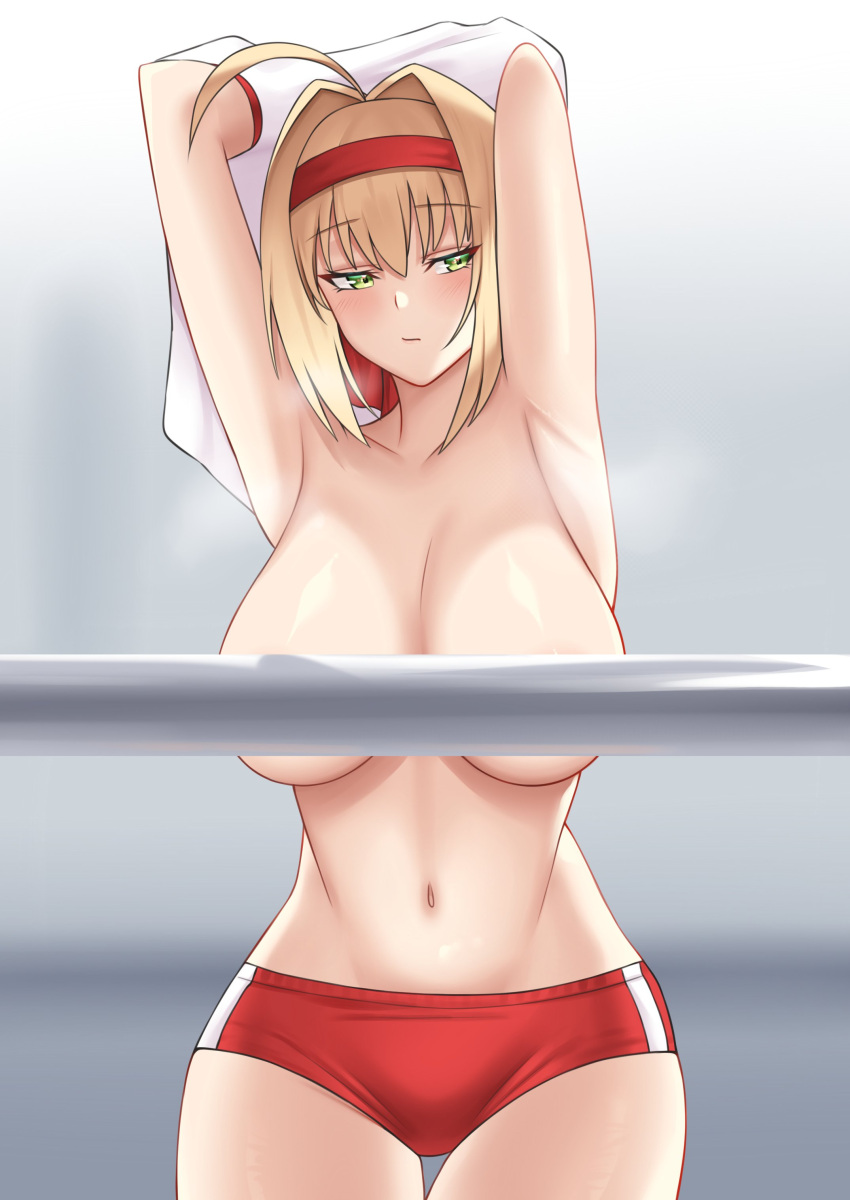 1girl absurdres ahoge armpits arms_up bangs blonde_hair blush braid breasts buruma clothes_lift collarbone convenient_censoring crimecrime fate/extra fate/grand_order fate_(series) french_braid green_eyes gym_shirt hair_bun hair_intakes hair_ribbon highres large_breasts long_hair looking_to_the_side name_tag navel nero_claudius_(fate) nero_claudius_(fate)_(all) olympian_bloomers red_buruma red_ribbon ribbon shirt shirt_lift short_sleeves solo thighs undressing white_shirt