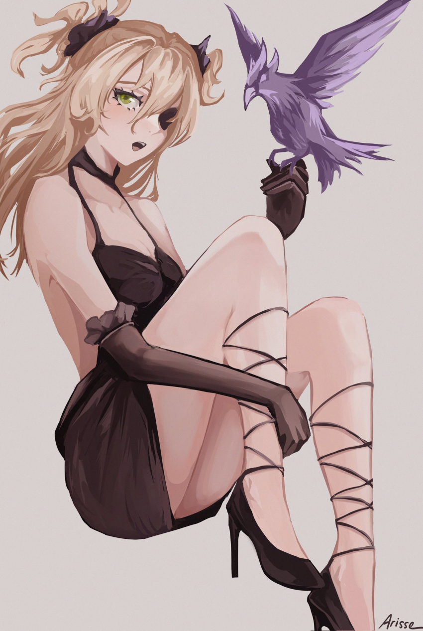 1girl animal_on_hand arisse bangs bird black_dress black_eyepatch black_footwear black_gloves black_ribbon blonde_hair breasts chuunibyou cleavage dress elbow_gloves eyepatch fischl_(genshin_impact) genshin_impact gloves green_eyes grey_background hair_ribbon hand_on_leg high_heels highres long_hair looking_to_the_side open_mouth oz_(genshin_impact) raven_(animal) ribbon short_dress signature simple_background stiletto_heels twintails two_side_up