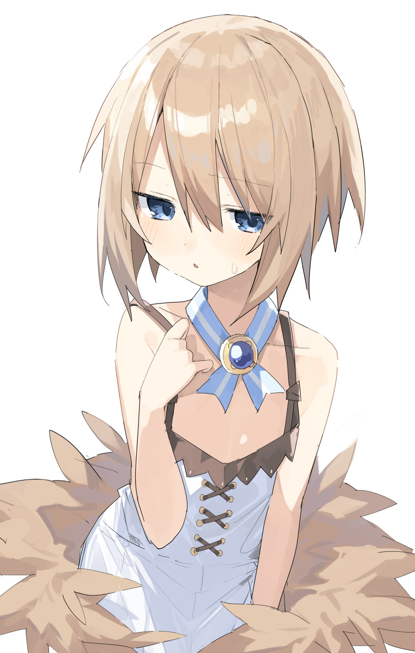 1girl absurdres bare_shoulders blanc blue_eyes brown_hair buran_buta coat dress flat_chest hair_between_eyes highres looking_at_viewer neptune_(series) off_shoulder short_hair simple_background solo white_background white_dress