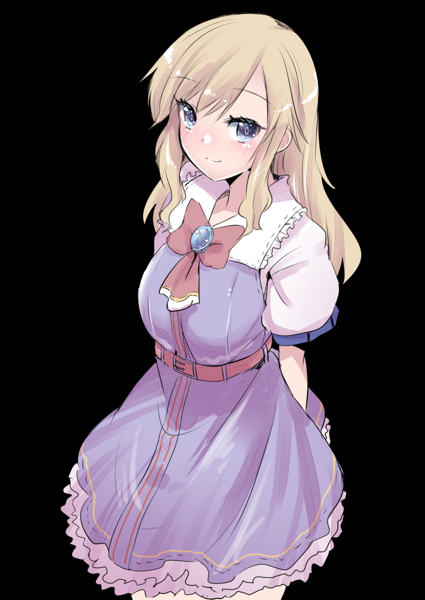 1girl arms_behind_back bangs belt black_background blonde_hair blue_eyes blush bow bowtie breasts closed_mouth commentary_request cowboy_shot dress eyebrows_visible_through_hair futaba_suetsuki highres idolmaster idolmaster_cinderella_girls long_hair looking_at_viewer medium_breasts ohtsuki_yui open_mouth pink_dress red_bow shiny shiny_hair short_sleeves simple_background smile solo