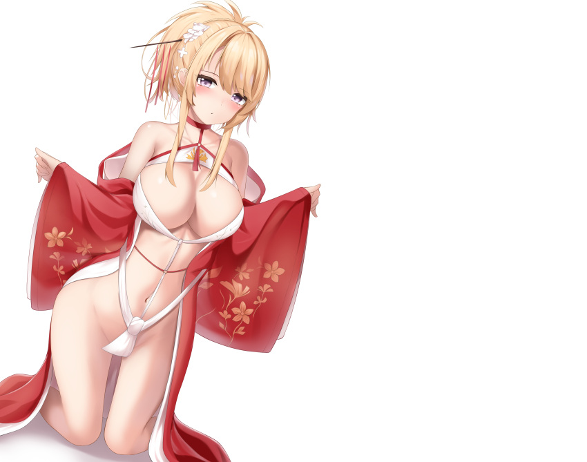 anthropomorphism azur_lane blonde_hair blush glorious_(azur_lane) japanese_clothes navel no_bra nopan ponytail purple_eyes tatsumiya_kagari white