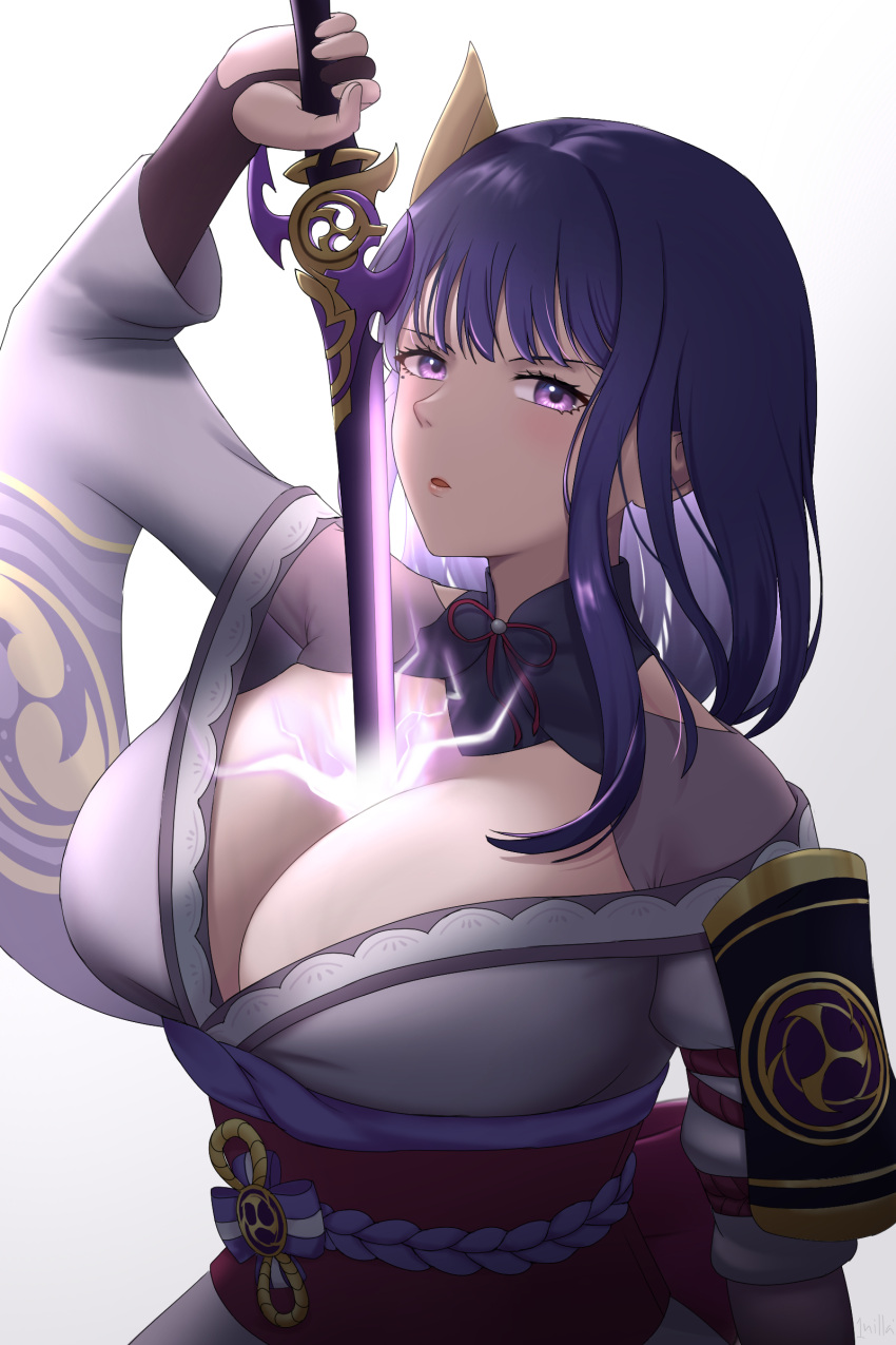 1girl 1nilla' absurdres bangs breasts cleavage electricity flower genshin_impact hair_ornament highres holding holding_sword holding_weapon japanese_clothes katana kimono large_breasts light_particles long_hair mole mole_under_eye nail_polish purple_eyes purple_flower purple_hair purple_nails raiden_(genshin_impact) ribbon simple_background solo sword tomoe_(symbol) weapon white_background