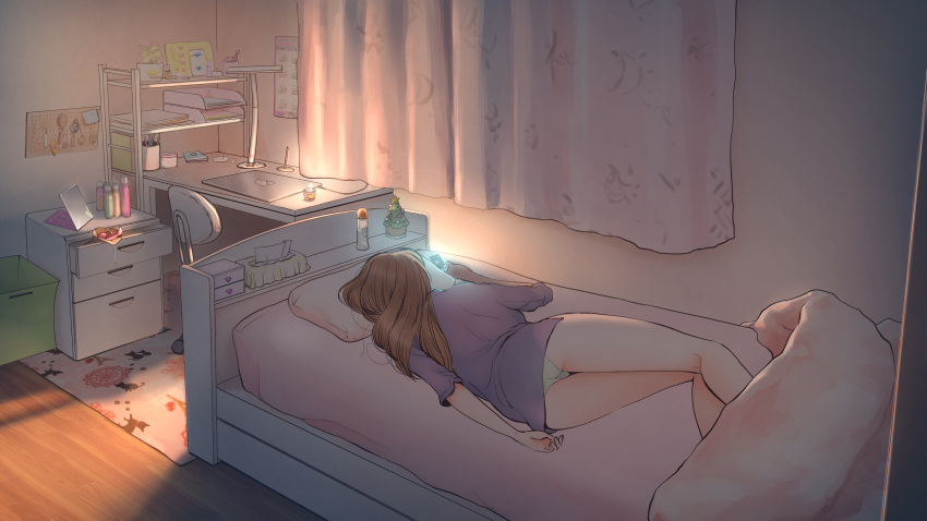 1girl absurdres aino_(acilealaulica) brown_hair cellphone facing_away highres holding holding_phone long_hair lying on_bed original panties phone room smartphone solo tissue_box underwear