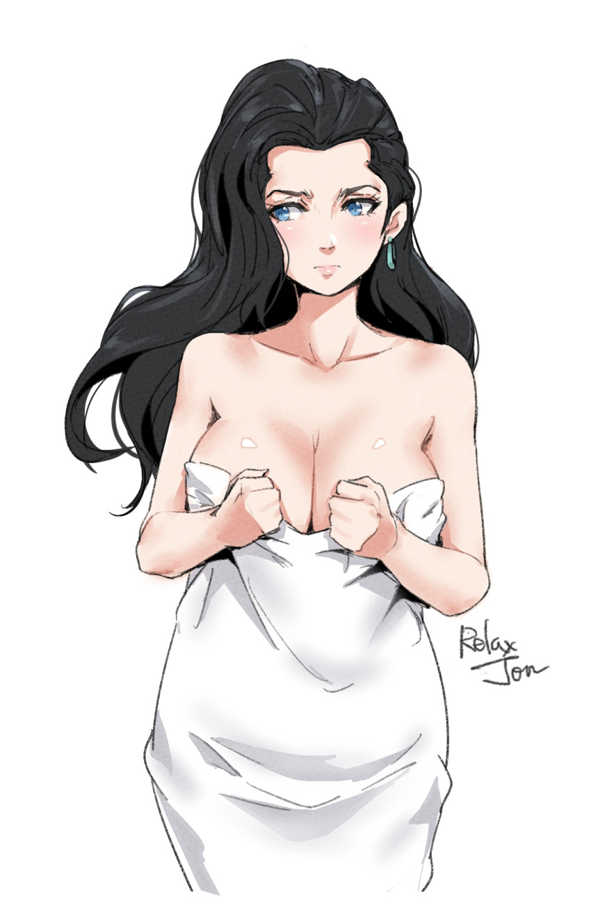 1girl artist_name bare_shoulders black_hair blue_eyes breasts cleavage closed_mouth collarbone earrings highres jewelry jojo_no_kimyou_na_bouken large_breasts lisa_lisa long_hair looking_to_the_side pink_lips relaxjon towel white_background white_towel