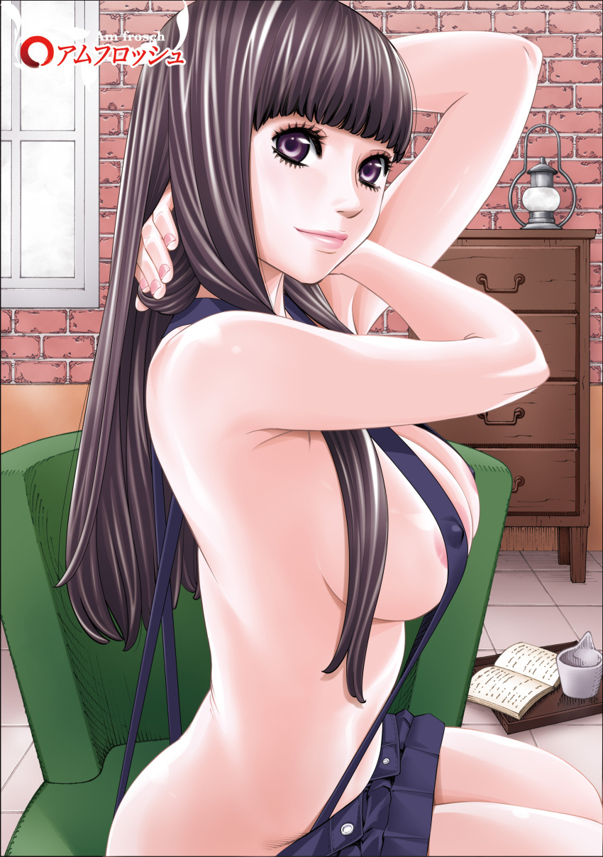 1girl absurdres areola_slip areolae bangs blunt_bangs book breasts brown_hair cabinet closed_mouth covered_nipples from_side hands_in_hair highres indoors large_breasts long_hair looking_at_viewer looking_to_the_side miniskirt on_chair open_book original pleated_skirt purple_eyes purple_skirt purple_swimsuit seto_yuuki sitting sitting_sideways skirt slingshot_swimsuit smile solo swimsuit window
