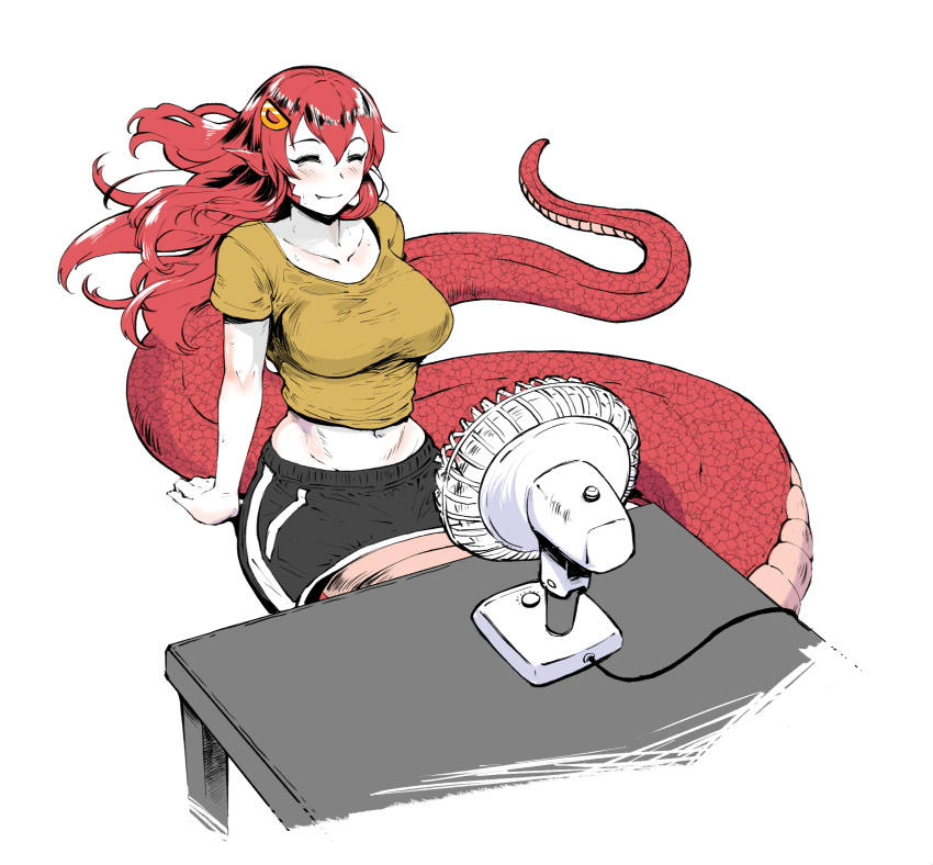 1girl absurdres blush breasts cable commentary commission commissioner_upload electric_fan fang floating_hair hair_ornament highres lamia long_hair medium_breasts miia_(monster_musume) miniskirt monster_girl monster_musume_no_iru_nichijou on_floor pointy_ears red_hair scales scribblesquab shirt simple_background skirt slit_pupils smile solo sweatdrop table yellow_eyes