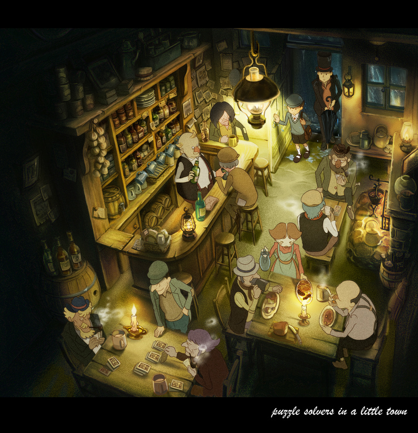 6+boys apron bag bar barrel bartender bread candle card cup door drinking eating english food from_above hat hershel_layton holding holding_card indoors lamp lantern luke_triton lying_card mug multiple_boys night pipe pitcher playing_card professor_layton rain shelf shite_kudasai smoke smoking stool top_hat waitress wet