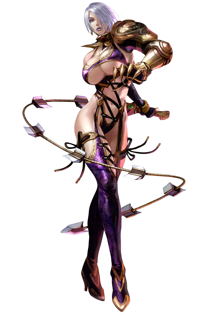 absurdres armor bare_hips boots breasts claw_(weapon) earrings gauntlets hair_over_one_eye high_heels highres huge_breasts isabella_valentine jewelry kawano_takuji leather lips lipstick makeup navel official_art pauldrons purple_lipstick revealing_clothes shoes short_hair solo soulcalibur soulcalibur_iv sword thigh_boots thighhighs underboob weapon whip whip_sword white_hair
