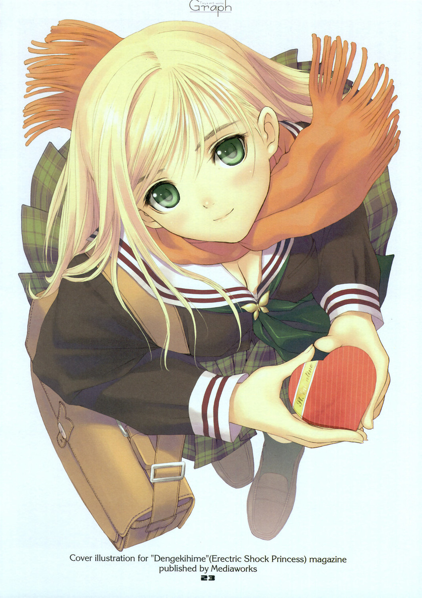 bag blonde_hair box breasts cleavage dengeki_hime fringe_trim from_above green_eyes heart-shaped_box highres large_breasts loafers long_sleeves looking_at_viewer orange_scarf pleated_skirt scan scarf school_uniform shoes skirt solo tanaka_takayuki valentine