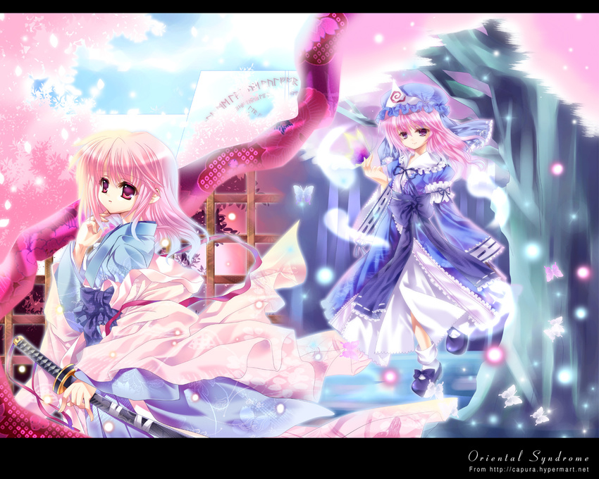 bug butterfly capura_lin cherry_blossoms cloth dual_persona english full_body holding insect japanese_clothes katana kimono letterboxed multicolored multicolored_eyes multiple_girls pink_eyes purple_eyes sad saigyouji_yuyuko saigyouji_yuyuko_(living) short_hair sword time_paradox touhou tree wallpaper watermark weapon web_address wide_sleeves