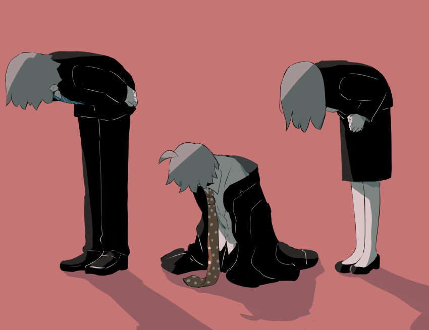 1girl 2boys absurdres ahoge apologizing arms_at_sides avogado6 bent_over black_footwear black_jacket black_pants black_skirt blue_neckwear business_suit child family formal grey_hair highres jacket medium_hair multiple_boys necktie original oversized_clothes own_hands_together pants polka_dot_neckwear red_background red_neckwear shirt shoes simple_background skirt sleeves_past_fingers sleeves_past_wrists suit symbolism white_shirt