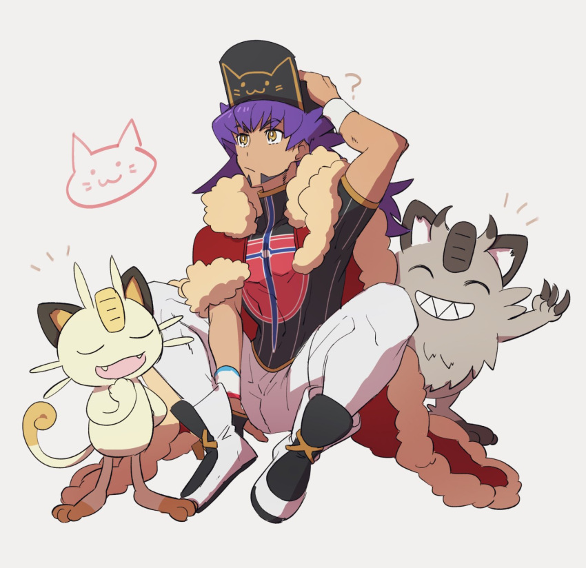 1boy ? animal_print arm_up bangs baseball_cap cape cat_print champion_uniform closed_mouth commentary_request dark-skinned_male dark_skin dynamax_band eyebrows_visible_through_hair facial_hair fur-trimmed_cape fur_trim galarian_form galarian_meowth gen_1_pokemon gen_8_pokemon gloves hand_on_headwear hat highres leggings leon_(pokemon) long_hair male_focus meowth morio_(poke_orio) pokemon pokemon_(creature) pokemon_(game) pokemon_swsh purple_hair red_cape shield_print shirt short_shorts short_sleeves shorts single_glove sitting spread_legs sword_print white_legwear white_shorts white_wristband wristband yellow_eyes