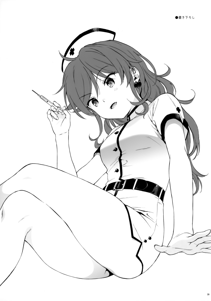 1girl absurdres ass belt buttons chigusa_asuha commentary_request crossed_legs dress earrings greyscale hand_up hat heart heart_earrings highres holding invisible_chair jewelry long_hair monochrome nurse nurse_cap open_mouth panties qualidea_code scan sekiya_asami short_dress short_sleeves sidelocks sitting smile solo syringe thighs underwear