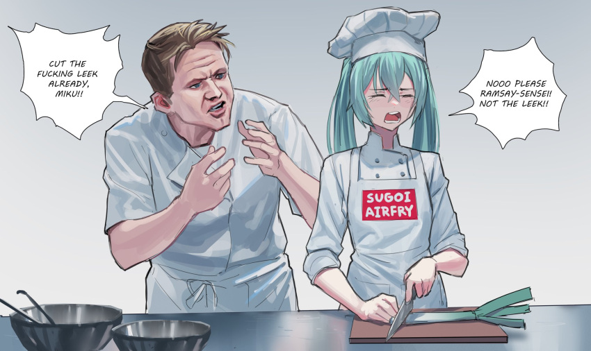 1boy 1girl aqua_hair arguing bangs blue_eyes blush bowl chef chef_hat chef_uniform closed_eyes cooking crying cutting_board dialogue_box english_commentary english_text gordon_ramsay hat hatsune_miku hell's_kitchen highres holding holding_knife knife leek long_hair open_mouth real_life screaming simple_background sugoi_dekai vertigris vocaloid