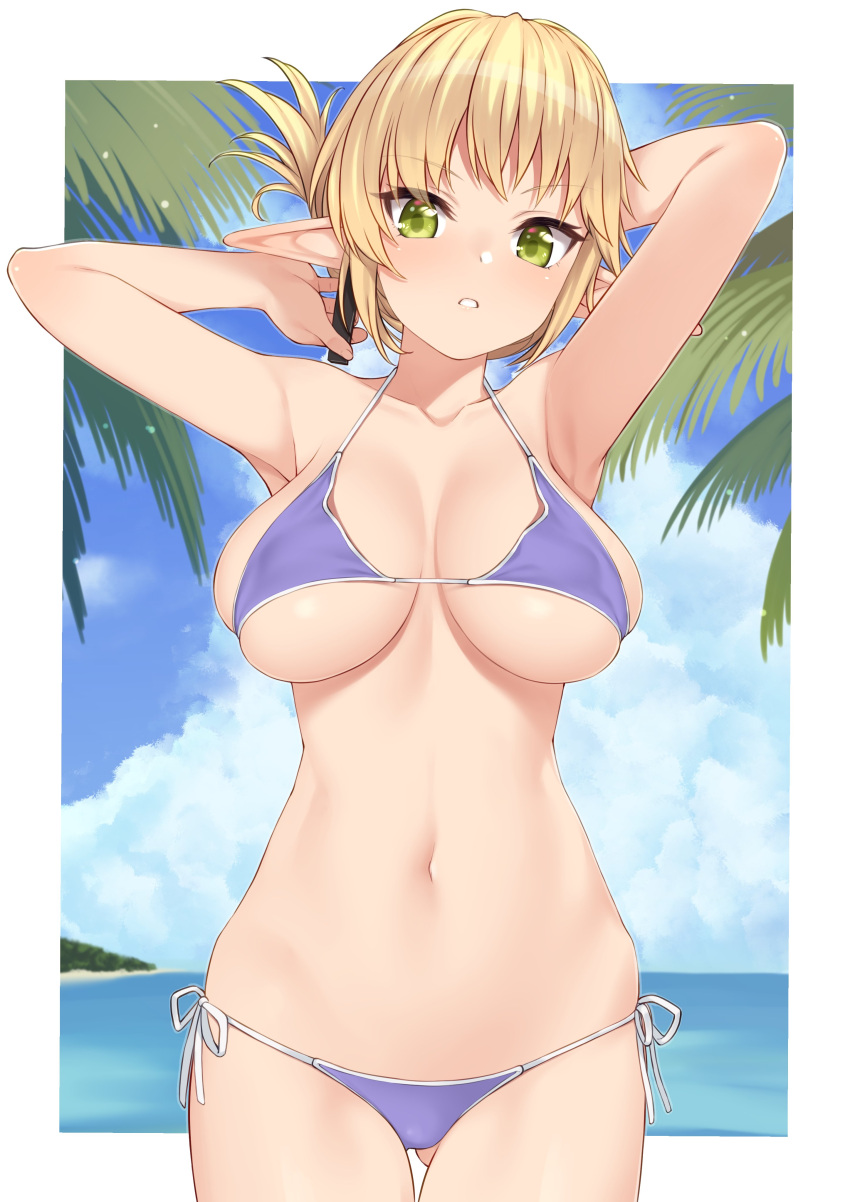 1girl absurdres adjusting_hair aegis_(takunomi) armpits arms_behind_back arms_behind_head ass_visible_through_thighs bangs bare_arms beach bikini blonde_hair blue_bikini blue_sky border breasts breasts_apart cloud collarbone covered_nipples cowboy_shot day elf enjou_kouhai_oshiego_wa_elf_ryuu_ningyo_jinrou eyebrows_visible_through_hair folded_ponytail green_eyes hair_between_eyes highres large_breasts long_hair looking_at_viewer navel ocean outdoors outline outside_border palm_tree parted_lips pointy_ears sand side-tie_bikini skindentation sky solo standing stomach swimsuit takunomi thighs tree underboob water