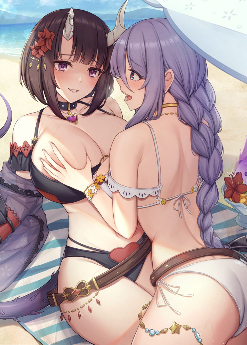 ass bikini breast_grab horns hoshino_shizuru kansu_bokujou kuraishi_eriko princess_connect princess_connect!_re:dive swimsuits tail yuri