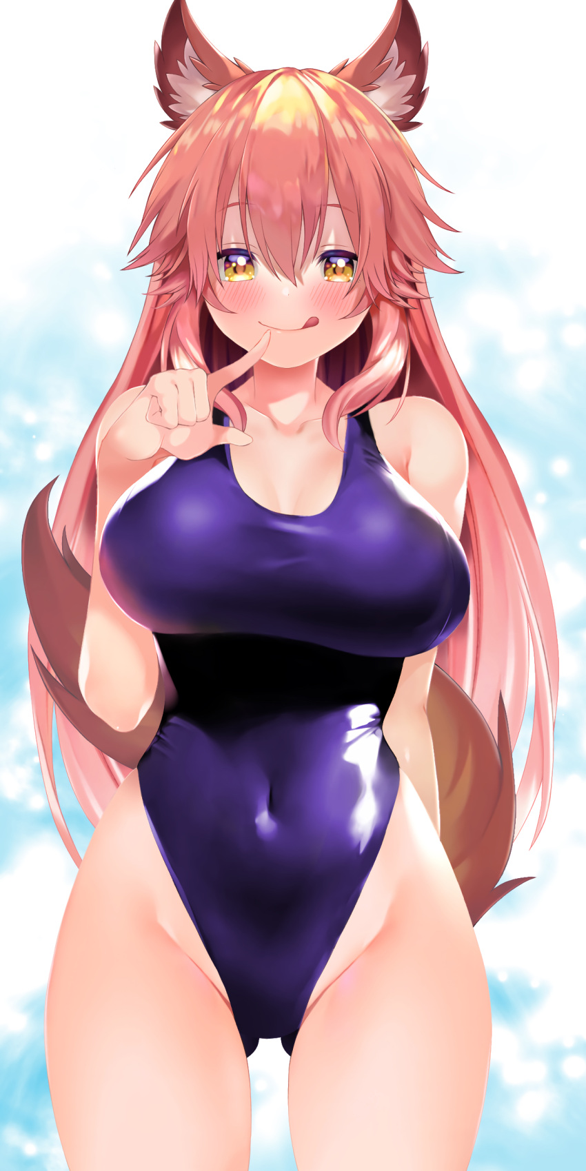 1girl animal_ear_fluff animal_ears bangs bare_shoulders blush breasts cleavage collarbone covered_navel fate/extra fate_(series) fox_ears fox_girl fox_tail hair_between_eyes highleg highleg_swimsuit highres large_breasts long_hair looking_at_viewer one-piece_swimsuit pink_hair sabi_(rupf2384) sidelocks swimsuit tail tamamo_(fate)_(all) tamamo_no_mae_(fate) thighs yellow_eyes