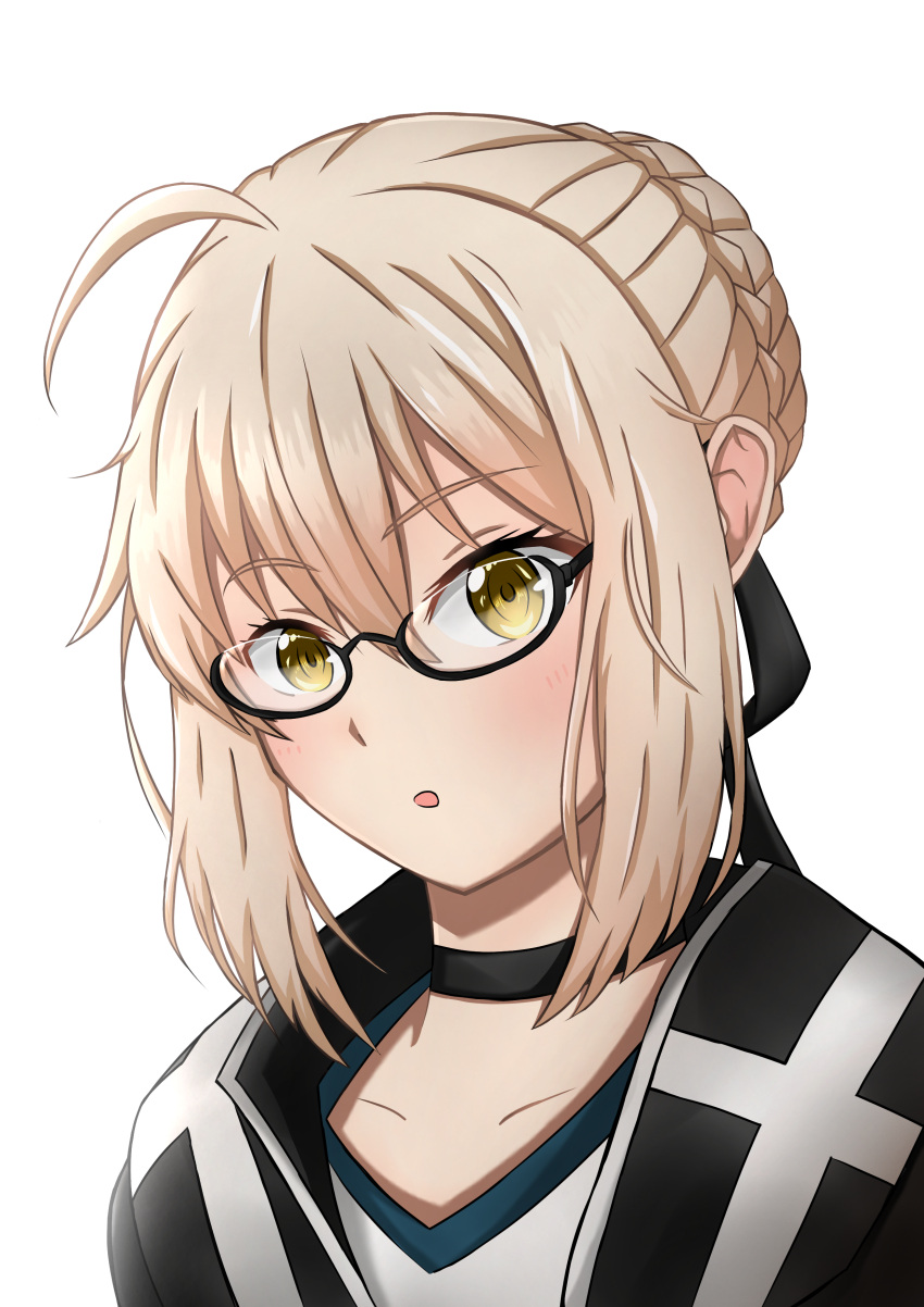 1girl :o absurdres aeris_xiii ahoge artoria_pendragon_(all) black-framed_eyewear black_choker black_ribbon blush braid choker fate/grand_order fate_(series) french_braid hair_between_eyes highres looking_at_viewer mysterious_heroine_x_(alter)_(fate) ribbon semi-rimless_eyewear short_hair solo upper_body v-neck white_background