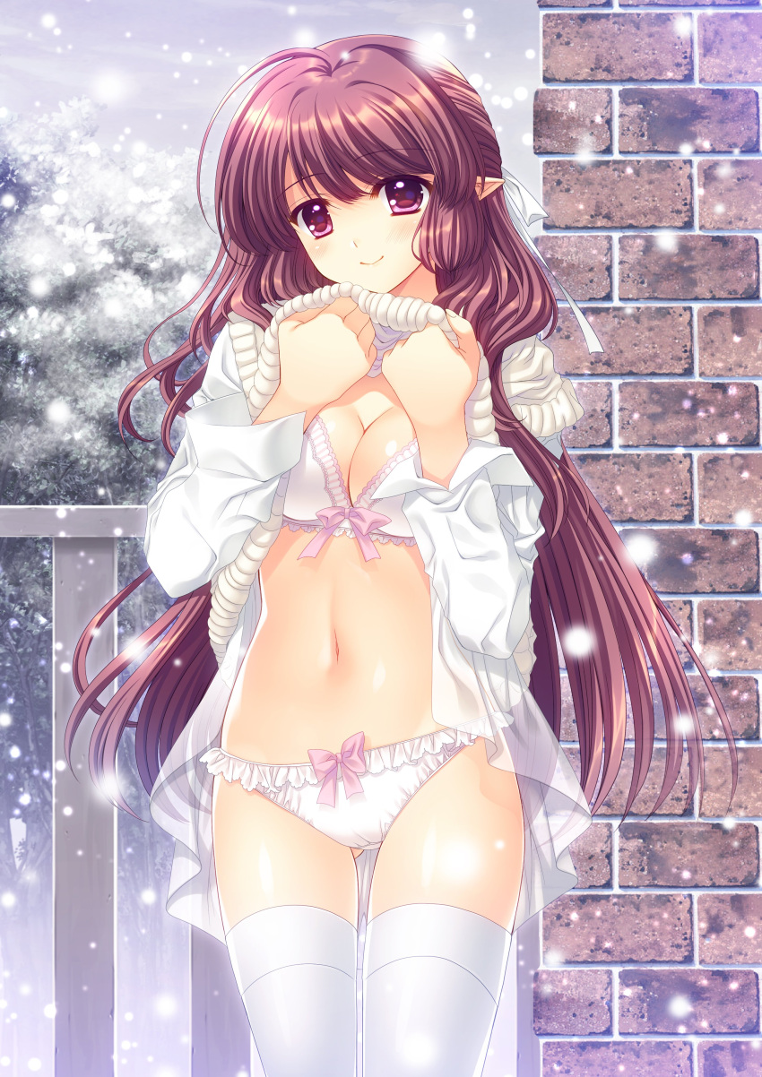 1girl absurdres blush bow bow_bra bow_panties bra breasts brick_wall cardigan cleavage clothes_lift cowboy_shot dress dress_lift eyebrows_visible_through_hair hair_ribbon highres lithia long_hair long_sleeves looking_at_viewer medium_breasts navel nishimata_aoi panties pink_bow pointy_ears red_eyes red_hair ribbon shuffle!_episode_2 sidelocks smile snowing solo standing thighhighs underwear white_bra white_dress white_legwear white_panties white_ribbon