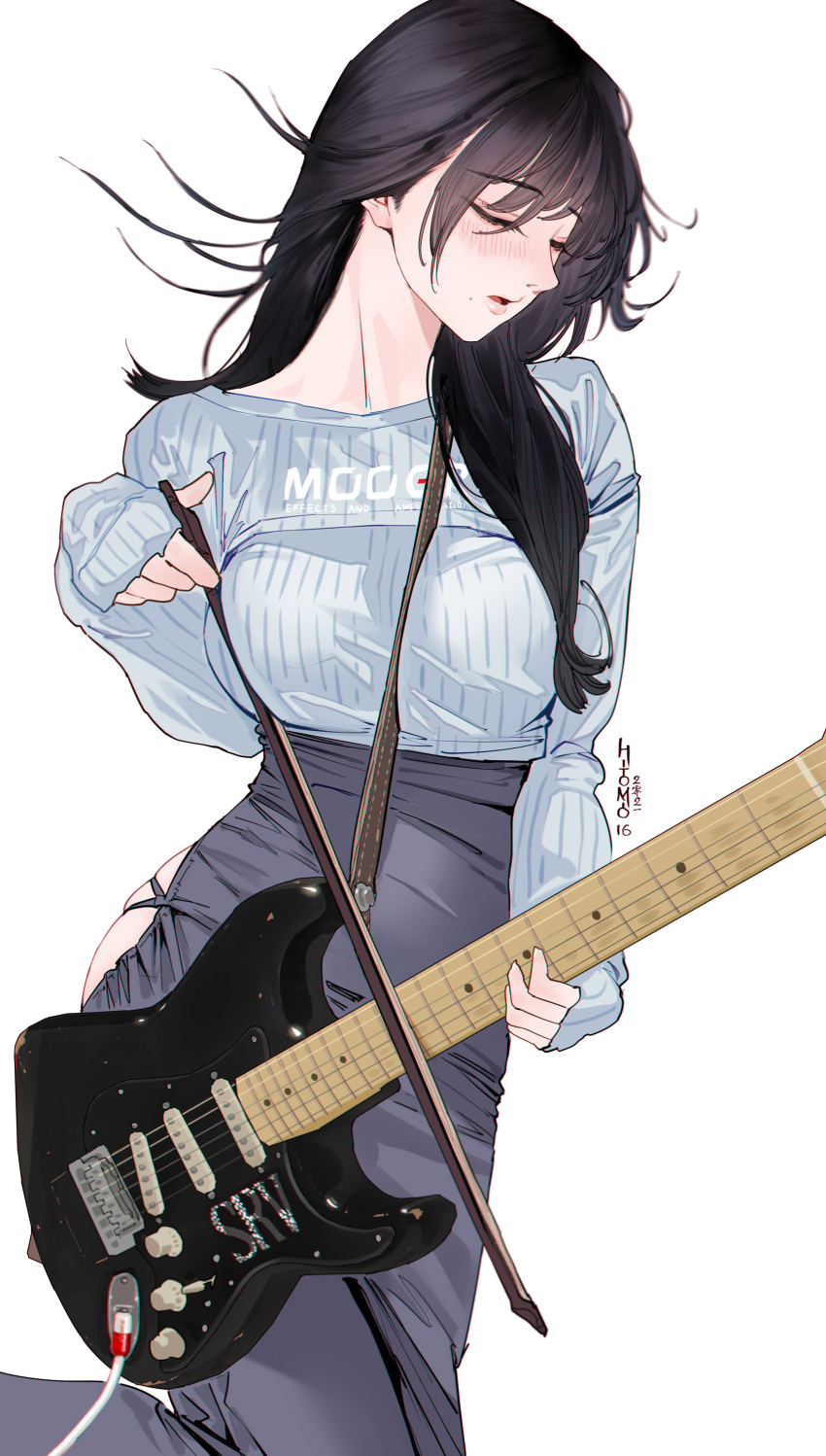 1girl absurdres bangs black_hair blush bow_(instrument) closed_eyes cowboy_shot electric_guitar eyebrows_visible_through_hair grey_skirt guitar guitar_onee-san_(hitomi_o) highres hitomi_o holding holding_instrument instrument long_hair long_sleeves original parted_lips simple_background skindentation skirt solo white_background