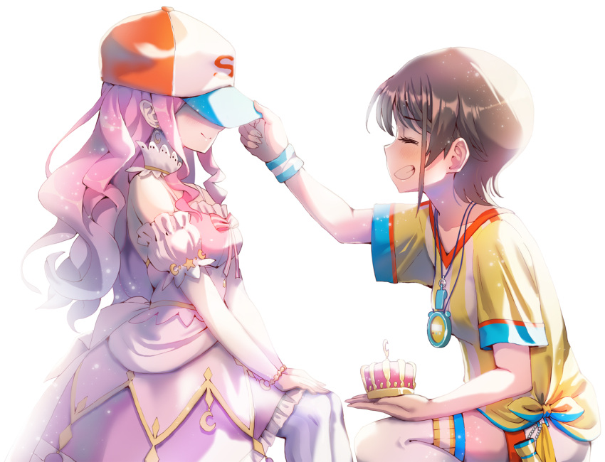 2girls bangs baseball_cap black_hair closed_eyes dress from_side gradient_hair grin hand_on_headwear hat himemori_luna holding_crown hololive kubota_masaki long_hair multicolored_hair multiple_girls oozora_subaru open_mouth pink_dress pink_hair shirt short_hair short_sleeves shorts sitting smile stopwatch stopwatch_around_neck striped striped_shirt t-shirt thighhighs vertical-striped_shirt vertical_stripes virtual_youtuber watch wavy_hair whistle whistle_around_neck white_legwear white_shorts