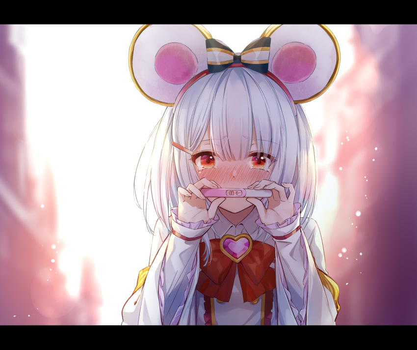 1girl animal_ears bangs blush bow duplicate eyebrows_visible_through_hair fake_animal_ears granblue_fantasy hair_between_eyes hair_bow hair_ornament hair_ribbon hairclip highres hika_(cross-angel) looking_at_viewer mouse_ears pixel-perfect_duplicate pregnancy_test red_eyes red_ribbon ribbon short_hair silver_hair solo tears vikala_(granblue_fantasy)