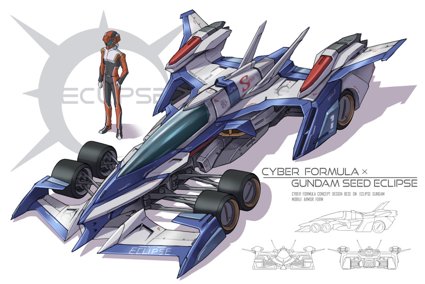 1boy absurdres eclipse_gundam future_gpx_cyber_formula gundam gundam_seed gundam_seed_eclipse hand_on_hip helmet highres multiple_views pilot_suit racecar redesign science shadow standing tatsumi_hori vehicle_focus zen_(jirakun)