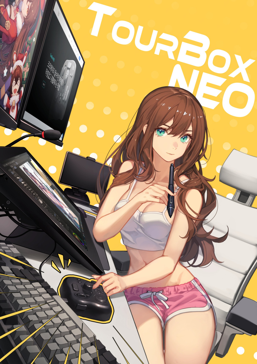 1girl absurdres amber_(genshin_impact) baek_hyang bare_arms bare_shoulders baron_bunny_(genshin_impact) blue_eyes breasts brown_hair camisole chair cleavage closed_mouth computer crop_top dolphin_shorts gaming_chair genshin_impact highres holding large_breasts long_hair looking_at_viewer midriff navel original pink_shorts shirt short_shorts shorts sitting sleeveless sleeveless_shirt solo spaghetti_strap stomach stylus thighs white_shirt
