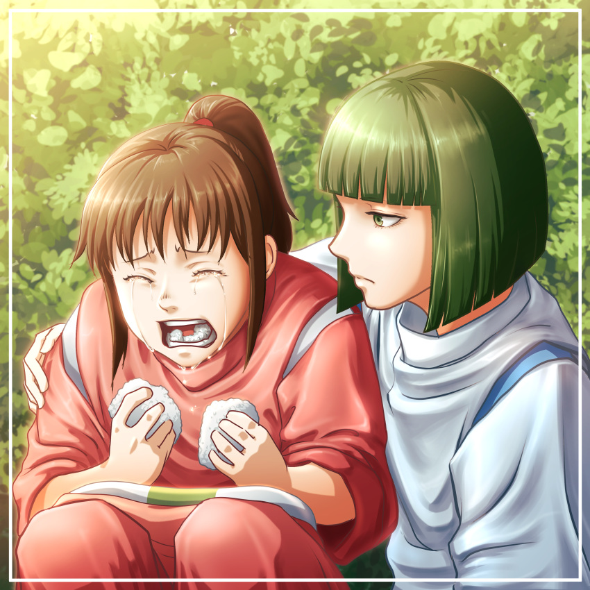 1boy 1girl absurdres bangs blunt_bangs bob_cut brown_hair bush closed_eyes commentary_request crying derrick_gear_up eating english_commentary feet_out_of_frame food green_eyes green_hair haku_(sen_to_chihiro_no_kamikakushi) hand_on_another's_shoulder highres japanese_clothes korean_commentary looking_at_another medium_hair mixed-language_commentary ogino_chihiro onigiri open_mouth ponytail rice sen_to_chihiro_no_kamikakushi short_hair squatting