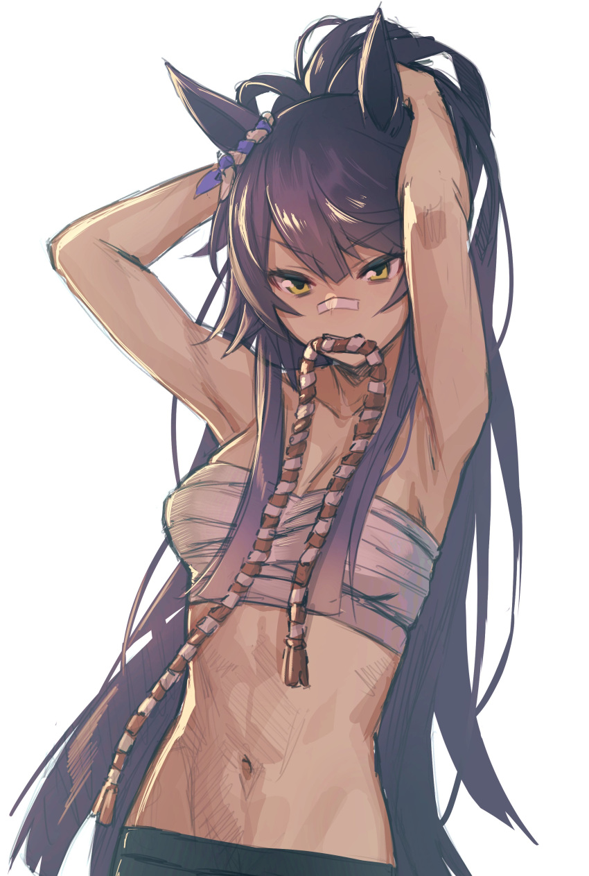1girl absurdres animal_ears armpits arms_behind_head arms_up bandaid bandaid_on_nose bare_arms bare_shoulders black_hair breasts budget_sarashi deluxe&lt;&lt;&lt; green_eyes highres long_hair looking_at_viewer medium_breasts midriff mouth_hold narita_brian_(umamusume) navel ponytail sarashi simple_background solo stomach umamusume upper_body v-shaped_eyebrows very_long_hair white_background