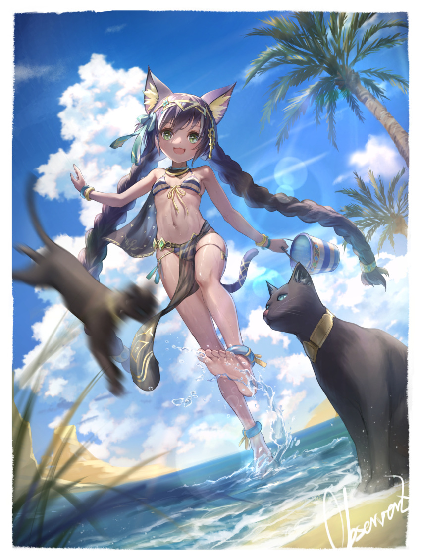 1girl :d animal animal_ears artist_name barefoot beach bikini black_cat black_hair blue_sky braid breasts cat cat_ears cat_tail cloud clover_theater day green_eyes highres long_hair looking_at_viewer motion_blur observerz ocean open_mouth outdoors palm_tree sky small_breasts smile soles solo striped striped_bikini swimsuit tail tree twin_braids very_long_hair water white_bikini