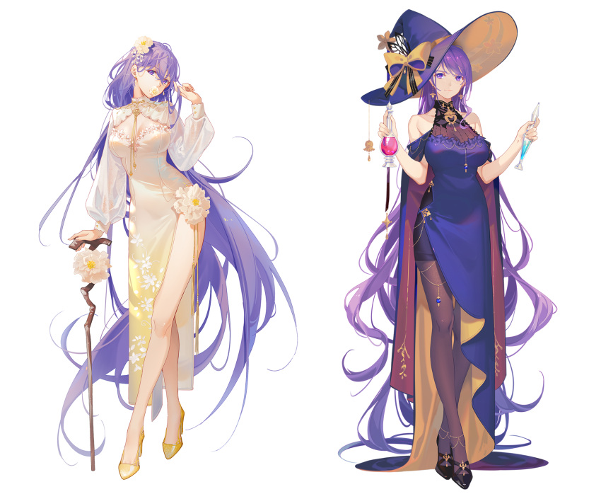 bow breasts cape chinese_clothes chinese_dress cleavage cosplay dress flowers hat long_hair mo_qingxian pantyhose purple_eyes purple_hair see_through staff tidsean vocaloid vsinger witch witch_hat