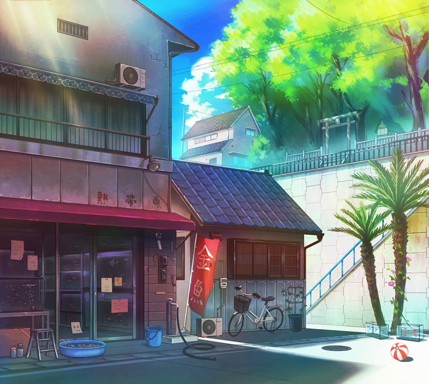 air_conditioner banner bicycle blue_sky bucket building cloud day doorway fish fish_tank ground_vehicle hose house ladder mizuasagi no_humans original outdoors palm_tree paper railing scenery shade shrine sky stairs stepladder storefront summer sunlight tree window