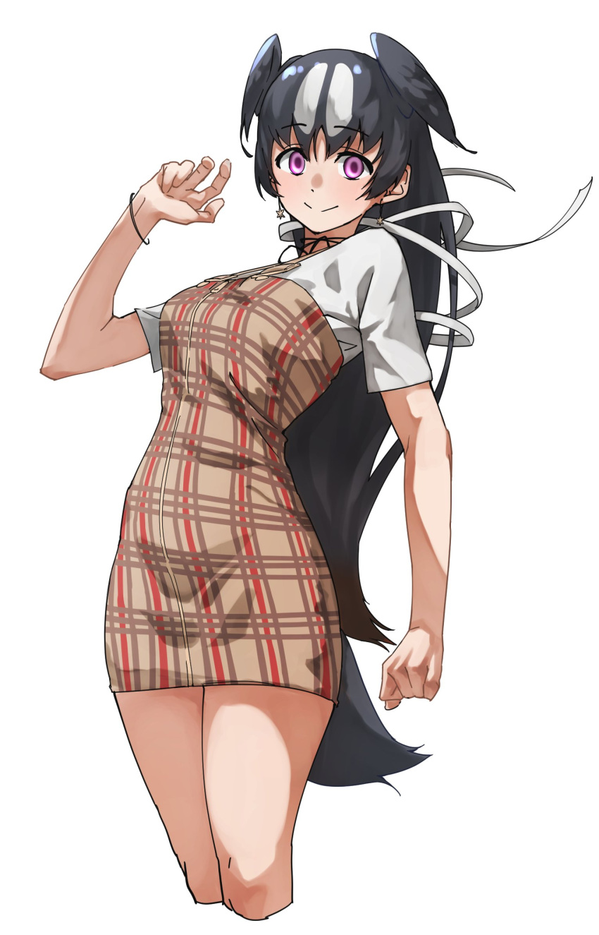 alternate_costume black_hair black_neckwear bracelet brown_dress casual commentary_request cowboy_shot dress great_auk_(kemono_friends) hair_tie highres jewelry kemono_friends long_hair multicolored_hair pencil_dress pleated_dress purple_eyes shirt short_sleeves t-shirt tanabe_(fueisei) two-tone_hair white_background white_hair white_shirt