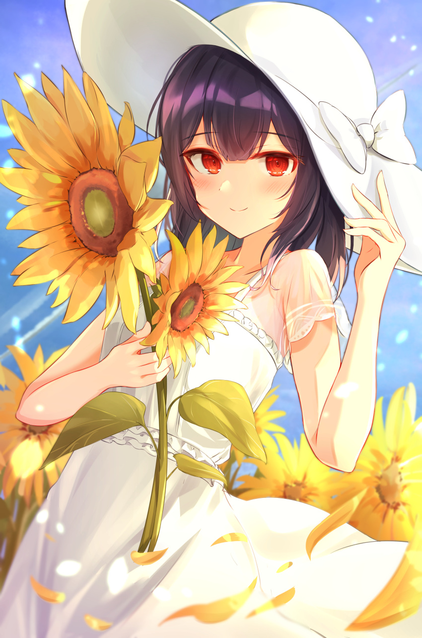 1girl absurdres bangs black_hair blush bow closed_mouth commentary_request day dress eyebrows_visible_through_hair flower hand_on_headwear hat hat_bow highres holding holding_flower idolmaster idolmaster_shiny_colors long_hair looking_at_viewer morino_rinze outdoors petals red_eyes short_sleeves sky_cappuccino smile solo sun_hat sundress sunflower white_bow white_dress white_headwear yellow_flower