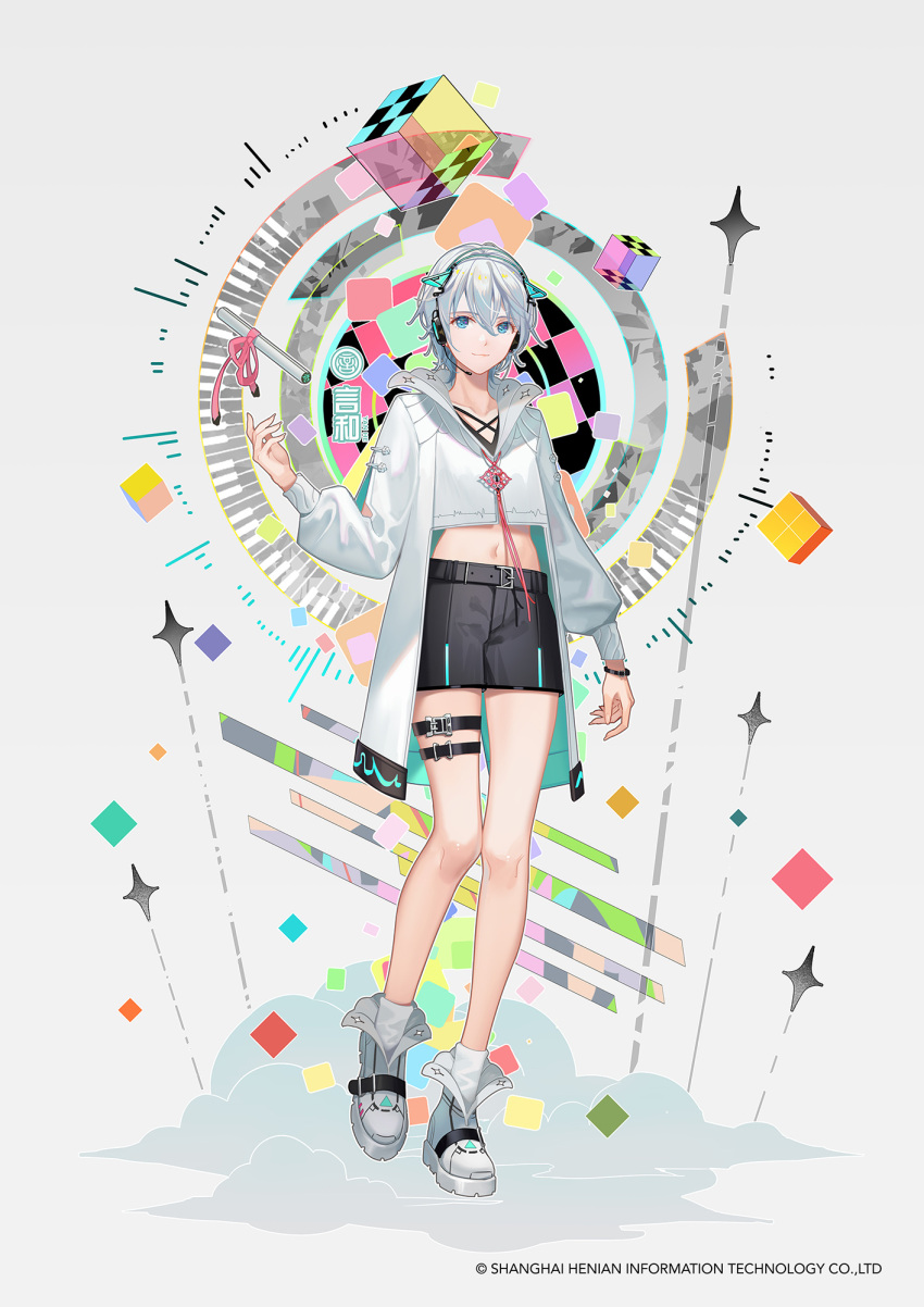 1girl androgynous animal_ears belt black_shorts blue_eyes bracelet cat_ears character_name chinese_commentary collarbone commentary_request crop_top cube full_body graphic_equalizer headphones highres instrument jacket jewelry keyboard_(instrument) looking_at_viewer midriff navel scroll shoes short_hair shorts smile sneakers solo standing star_(symbol) tassel thigh_strap tidsean vocaloid vsinger white_footwear white_hair white_jacket yanhe