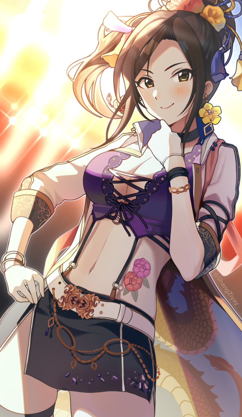 1girl absurdres bangs bracelet breasts brown_hair cleavage cropped_jacket earrings hand_on_hip high_ponytail highres idol idolmaster idolmaster_cinderella_girls jewelry large_breasts miniskirt mukai_takumi navel parted_bangs shangzi skirt sleeves_folded_up smile standing stomach_tattoo tattoo thighhighs yellow_eyes