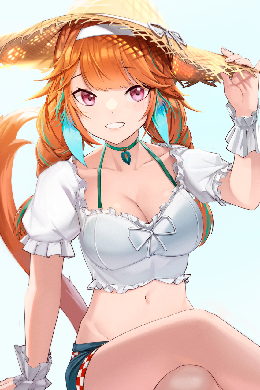 1girl anizi arm_support bangs blush breasts choker cleavage collarbone crop_top eyebrows_visible_through_hair foreshortening green_choker grey_background grin hand_on_headwear hand_up hat highres hololive hololive_english large_breasts long_hair looking_at_viewer multicolored_hair navel orange_hair pink_eyes puffy_short_sleeves puffy_sleeves ribbon short_sleeves shorts sitting smile solo stomach straw_hat sun_hat takanashi_kiara virtual_youtuber wrist_cuffs