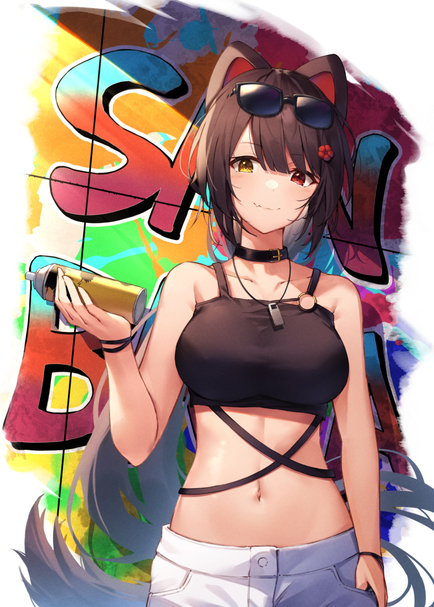 1girl absurdres bare_shoulders black-framed_eyewear blush breasts buckle closed_mouth collar cowboy_shot crop_top eyewear_on_head fang fang_out graffiti heterochromia highres holding inui_toko large_breasts long_hair looking_at_viewer low_ponytail navel nijisanji red_hair skin_fang smile solo stomach sunglasses tail very_long_hair virtual_youtuber whistle whistle_around_neck wristband yellow_eyes yuuki_nao_(pixiv10696483)