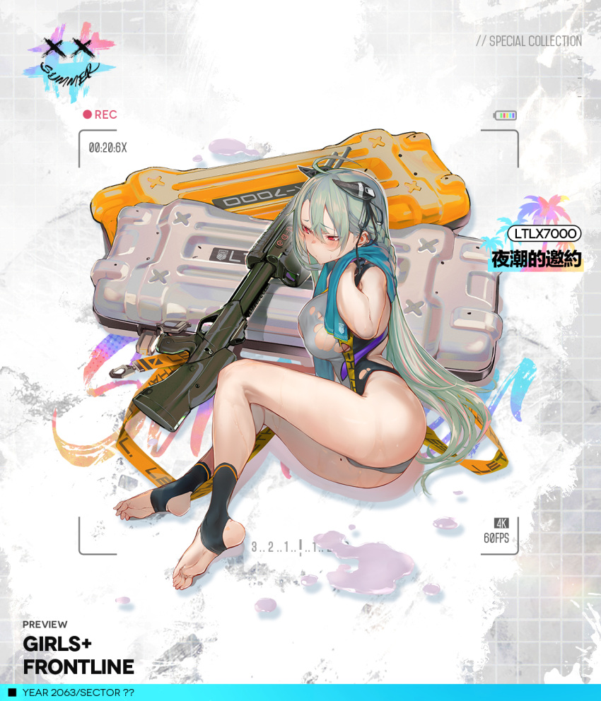1girl afukuro aqua_hair bangs bare_legs blue_towel blush braid breasts camera_phone character_name closed_mouth commentary commentary_request copyright_name english_commentary eye_piercing eyebrows_visible_through_hair floor french_braid girls'_frontline gun hair_between_eyes hand_in_hair highres large_breasts legs long_hair looking_away ltlx_7000_(girls'_frontline) multicolored_hair official_art on_floor red_eyes shotgun sideboob simple_background soles solo summer sweat swimsuit thighs toes torn_clothes torn_swimsuit towel viewfinder weapon weapon_case white_swimsuit